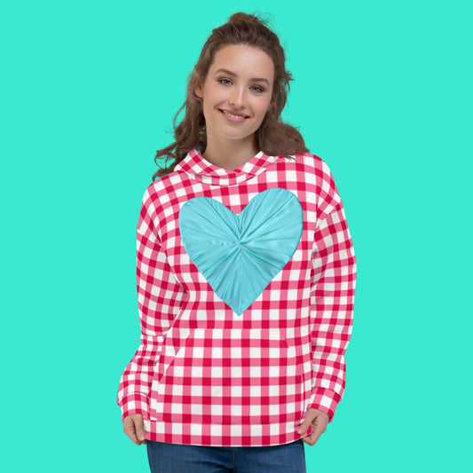Gingham Pique-Nique Red Hooded Top With Aqua Heart