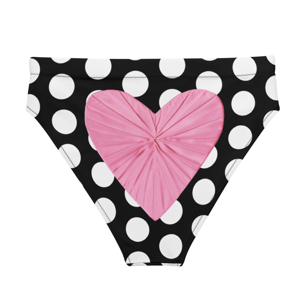 Les Polka Dots Black High Waisted Eco Bikini Bottom with Pink Heart