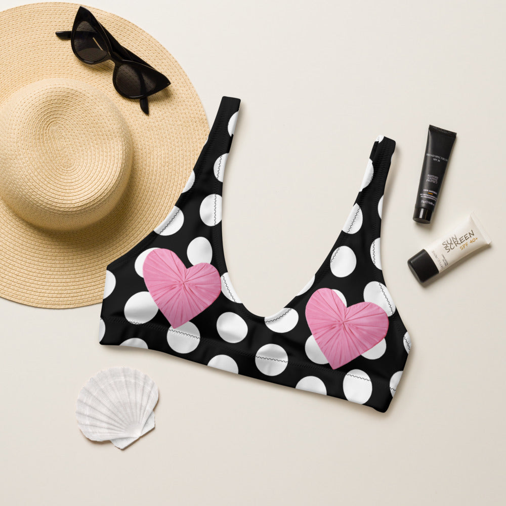 Les Polka Dots Black Eco Bikini Top with Pink Hearts