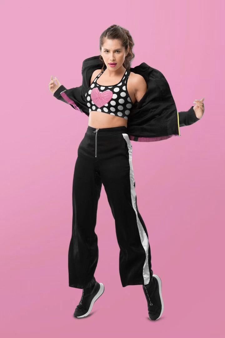 Les Polka Dots Sports Bralette In Black & White With Pink Satin Heart Print