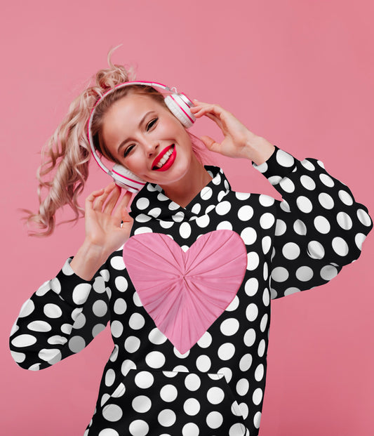 Recycled Nylon Les Polka Dots Black Hoodie With Pink Heart
