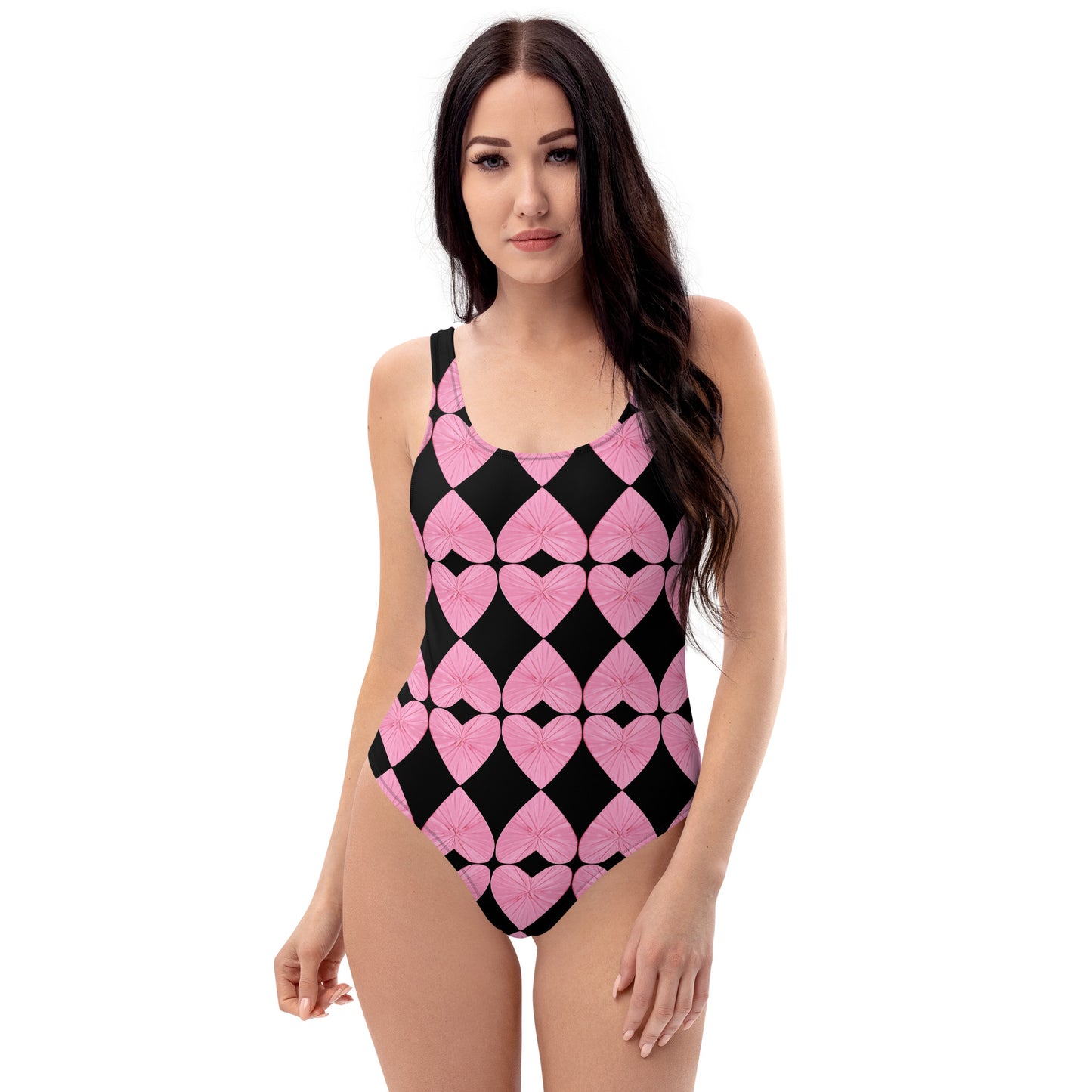 Harlequin Hearts Pink and Black One Piece Swimsuit