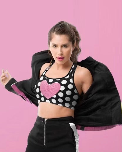 Les Polka Dots Sports Bralette In Black & White With Pink Satin Heart Print