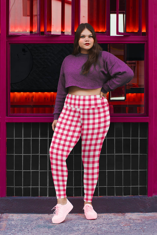Gingham Pique-Nique High Waisted Yoga Leggings in Red and White with Aqua Hearts