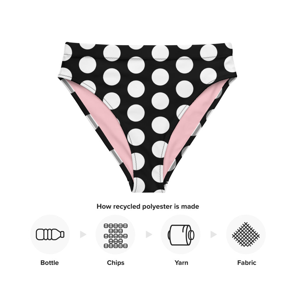 Les Polka Dots Black High Waisted Eco Bikini Bottom with Pink Heart