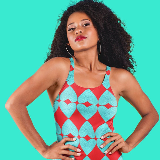 Harlequin Hearts Aqua and Red One Piece Swimsuit