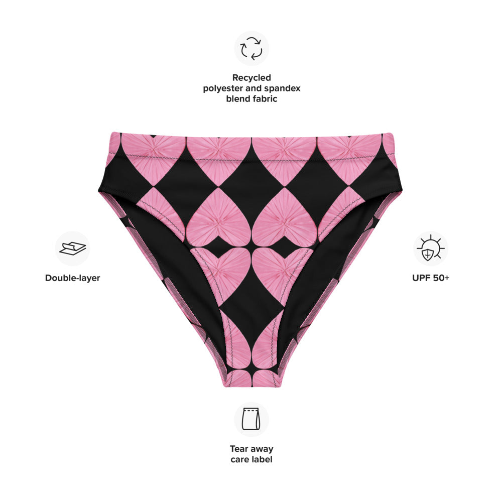 Harlequin Hearts Pink and Black High Waisted Eco Bikini Bottom