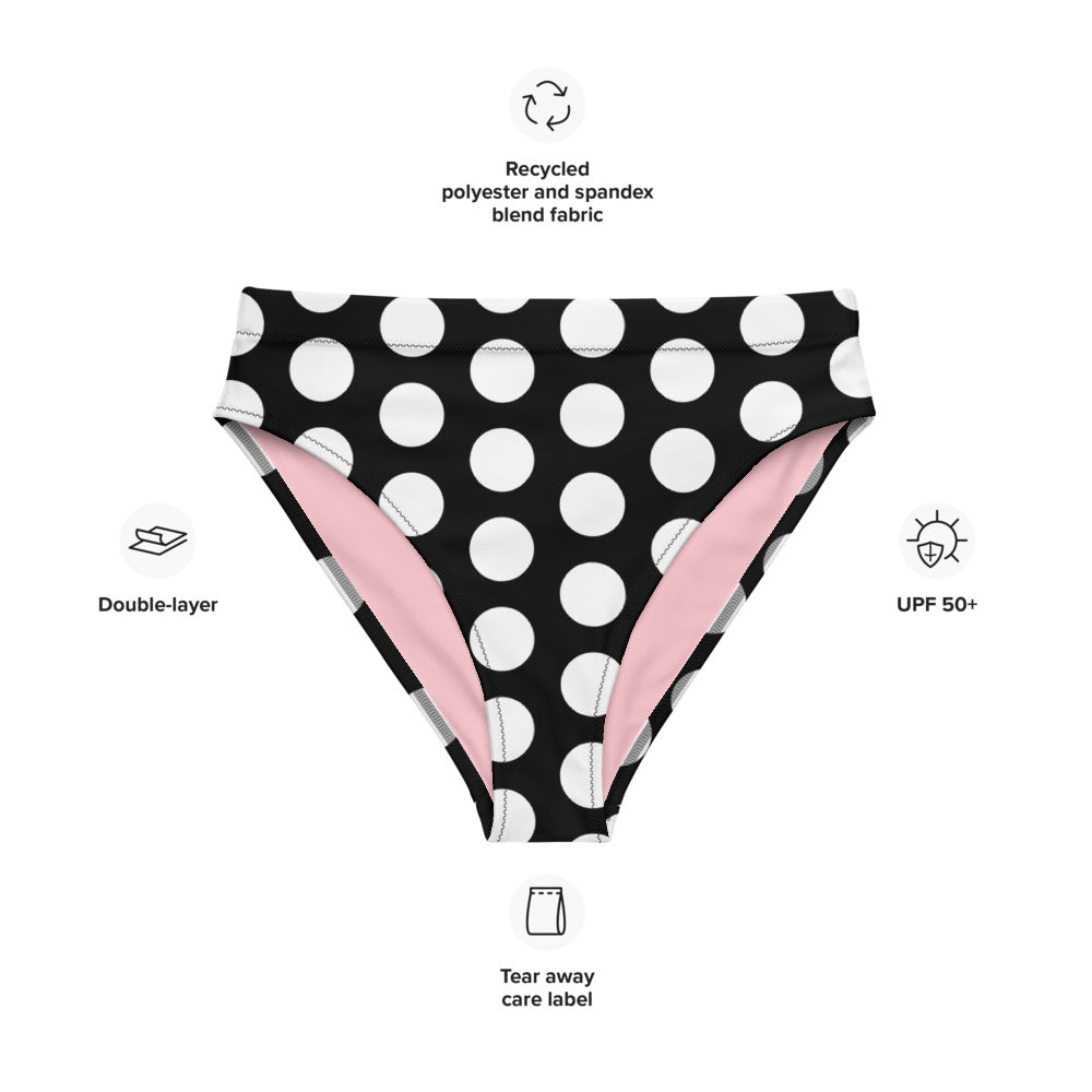 Les Polka Dots Black High Waisted Eco Bikini Bottom with Pink Heart