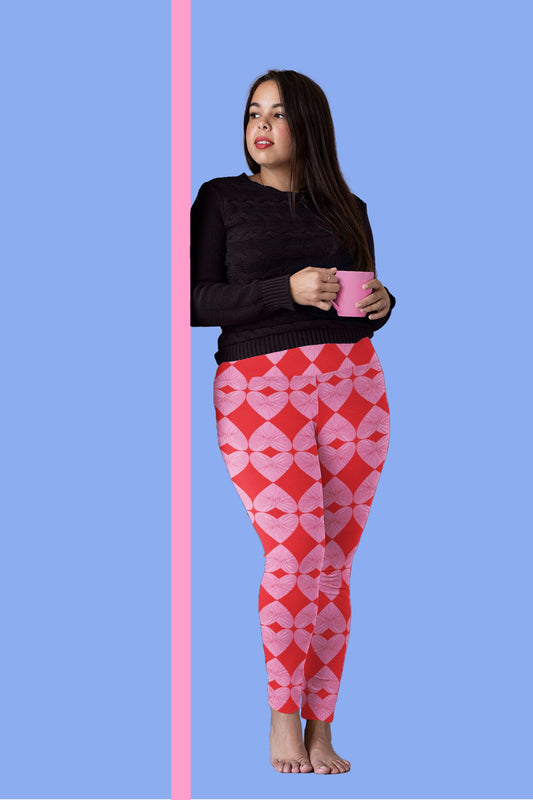 Harlequin Hearts Pink and Red Curve High-Waisted Leggings