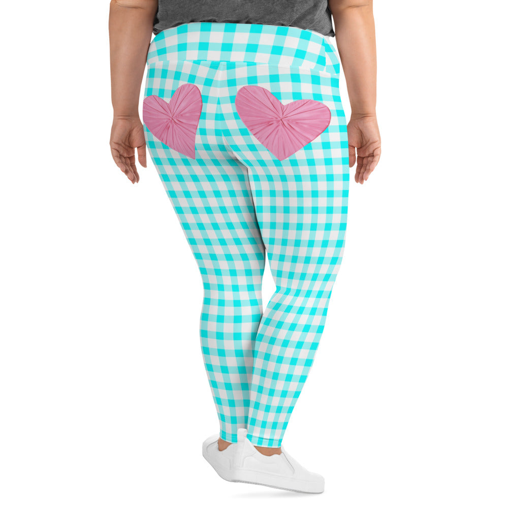 Gingham Bardot Curve High Waisted  Leggings in Aqua and White with Pink Hearts