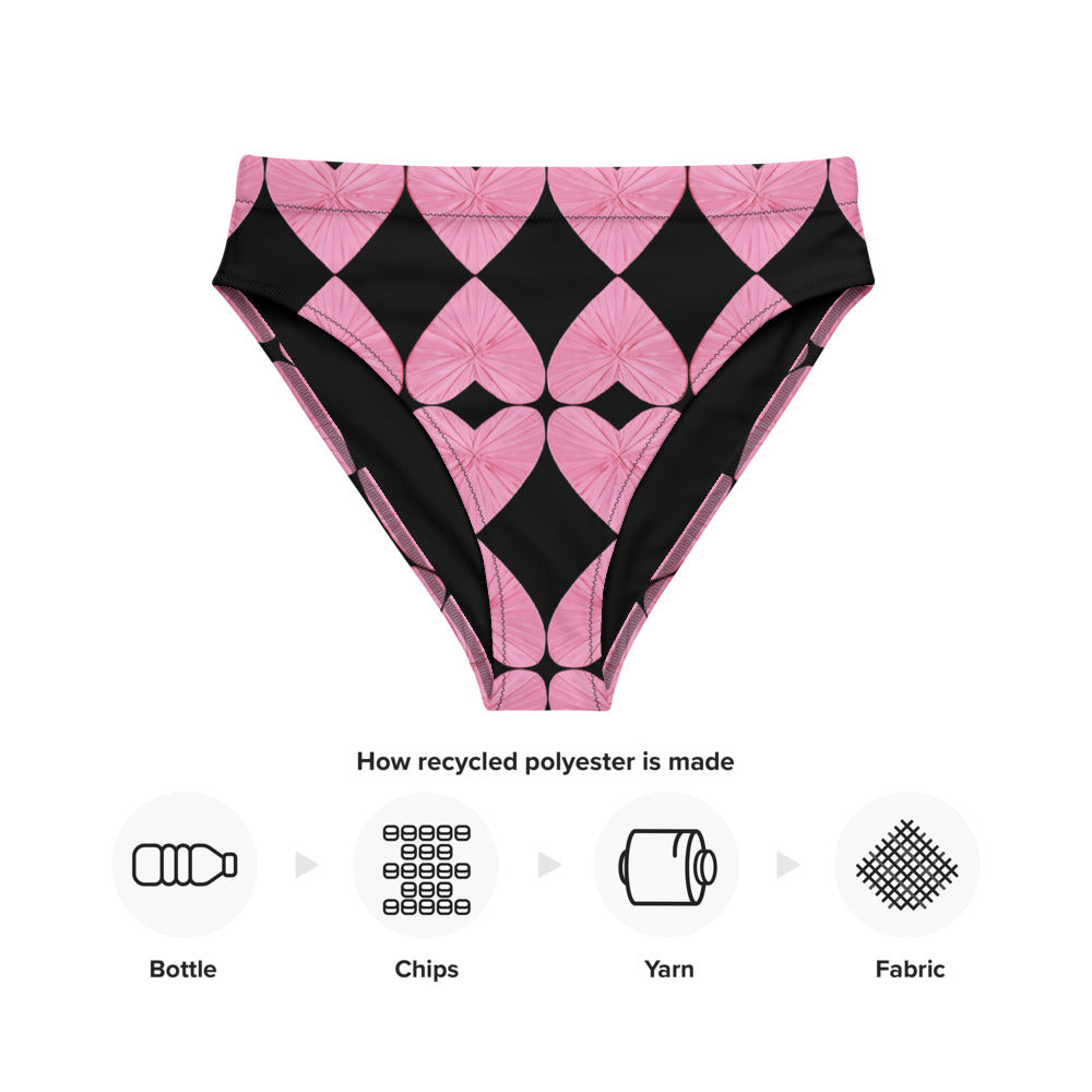 Harlequin Hearts Pink and Black High Waisted Eco Bikini Bottom