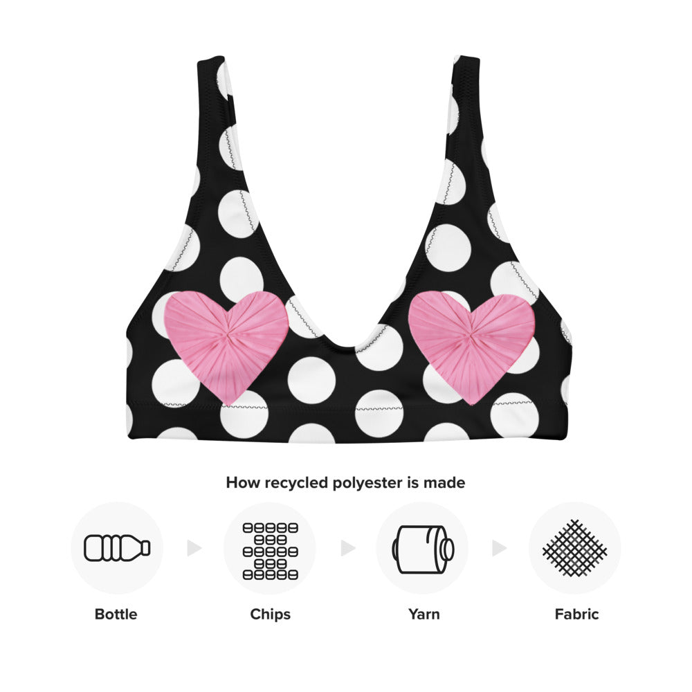 Les Polka Dots Black Eco Bikini Top with Pink Hearts