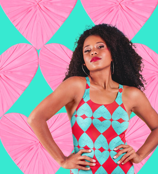 Harlequin Hearts Aqua and Red One Piece Swimsuit