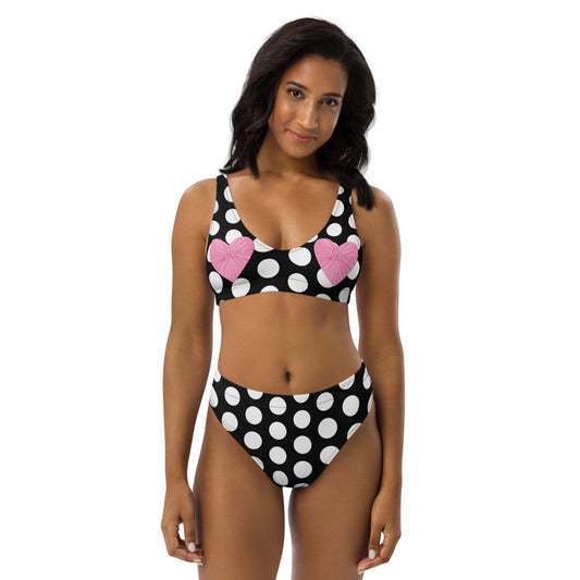 Les Polka Dots Black High Waisted Eco Bikini with Pink Hearts