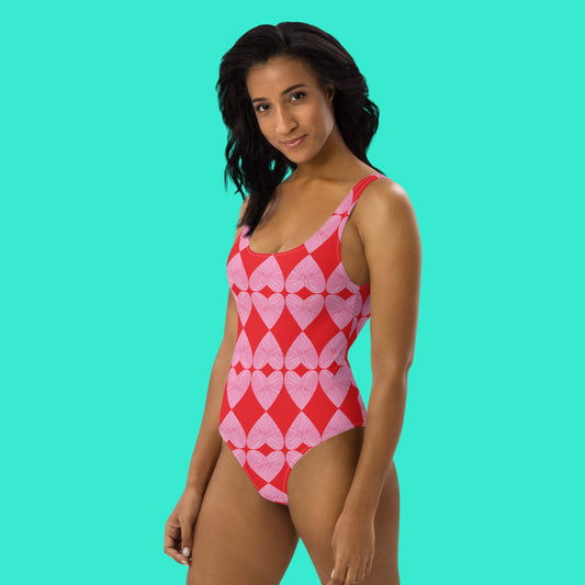 Harlequin Hearts Pink and Red One Piece Swimsuit