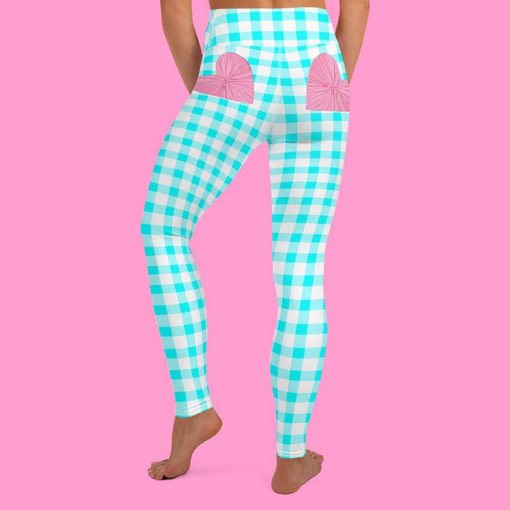 Gingham Bardot High Waisted Yoga Leggings in Aqua and White with Pink Hearts