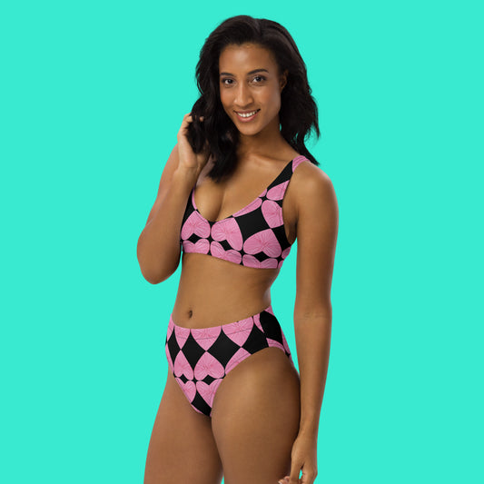 Harlequin Hearts Pink and Black High Waisted Eco Bikini