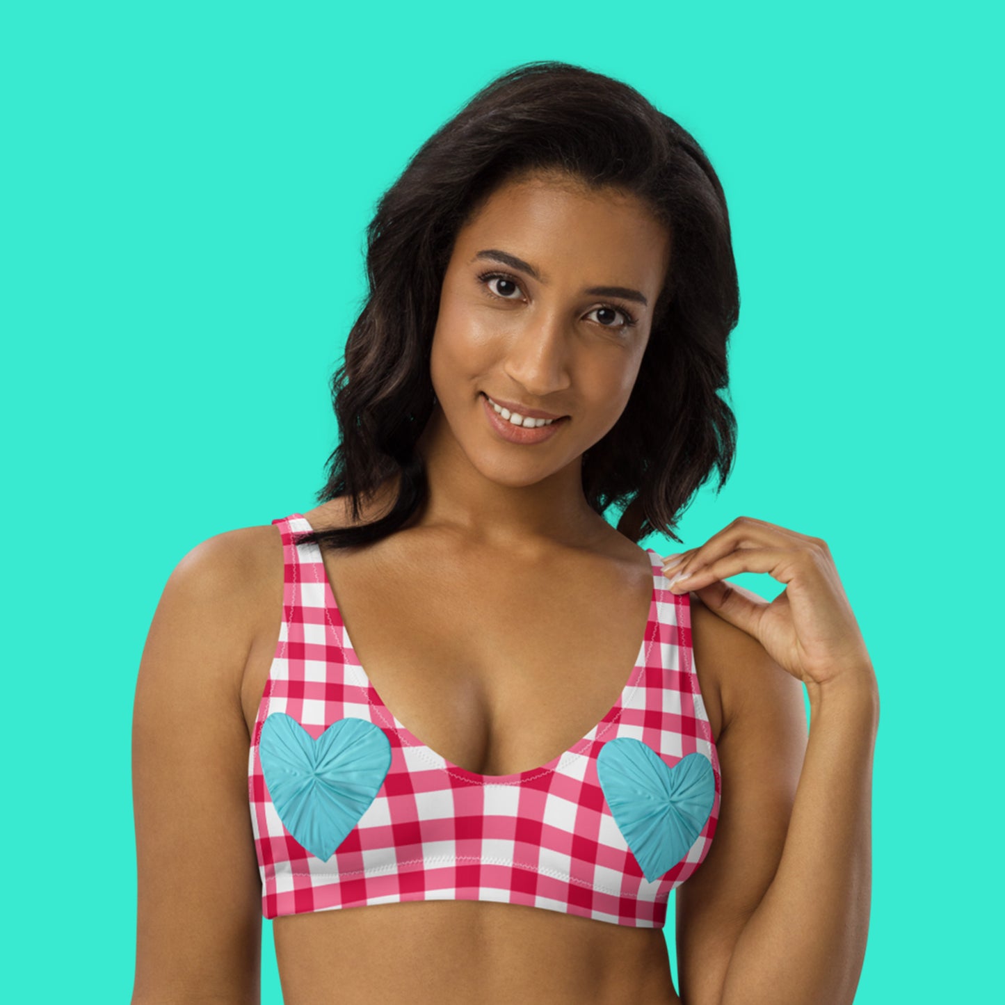 Gingham Pique-Nique Red Eco Bikini Top with Aqua Hearts