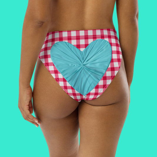 Gingham Pique-Nique High Waisted Red Eco Bikini Bottom with Aqua Heart