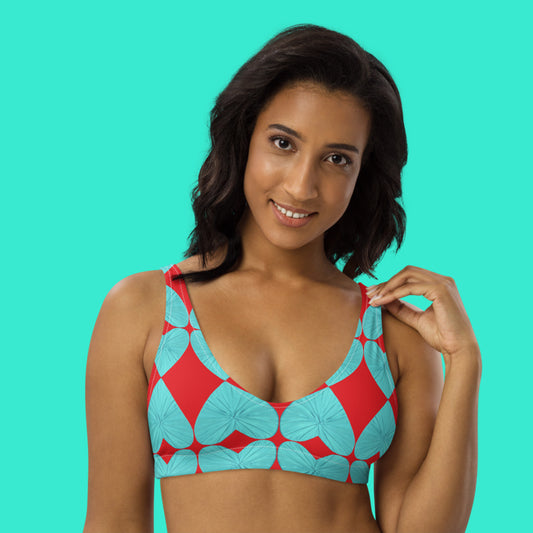 Harlequin Hearts Aqua and Red  Eco Bikini Top