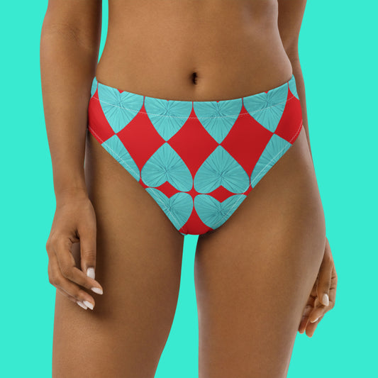 Harlequin Hearts Aqua and Red High Waisted Eco Bikini Bottom