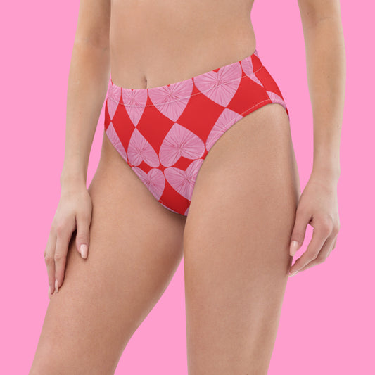 Harlequin Hearts Pink and Red High Waisted Eco Bikini Bottom