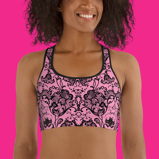 Antique Tulip Lace Sports Bralette In Candy Pink